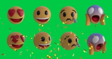 Yeşil ekran arka planında iki sıra emoji simgesinin üzerine düşen konfeti animasyonu. Dijital ortamda oluşturulan sosyal medya, iletişim ve kutlama konsepti.