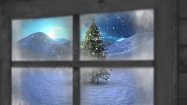 Kış manzarasında Noel ağacının üzerine düşen kara karşı ahşap pencere çerçevesi. Noel şenliği ve kutlama vektör illüstrasyonu kavramı