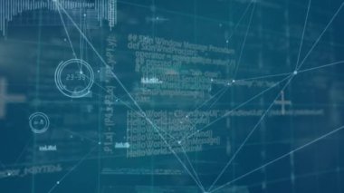 Karanlık arka planda istatistik ve veri işleme animasyonu. küresel bağlantılar, dijital arayüz ve dijital olarak oluşturulmuş video işleme konsepti.