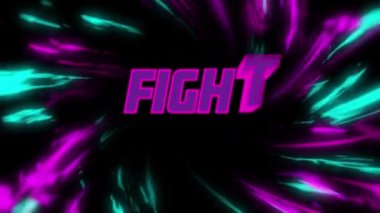 Siyah zemin üzerindeki ışık izlerinin üzerinde dövüş metninin animasyonu. Video oyunu, eğlence ve dijital arayüz kavramı dijital olarak oluşturuldu.