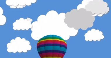 Mavi arka planda bulutların üzerinde sepet olan uçan balon animasyonu. renk, hareket ve enerji arkaplan kavramı, dijital olarak oluşturulmuş video.