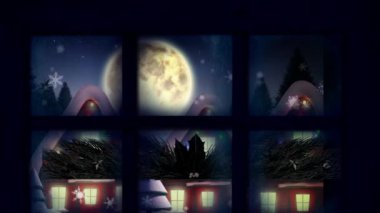 Kışın gökyüzüne karşı birden fazla evin üzerine düşen karlara karşı pencere çerçevesi. Noel şenliği ve kutlama vektör illüstrasyonu kavramı