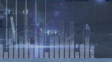Sokaklarda ve şehirlerde yürüyen farklı insanlar üzerinde finansal veri işleme animasyonu. küresel iş, veri işleme ve dijital arayüz konsepti dijital olarak oluşturulmuş video.