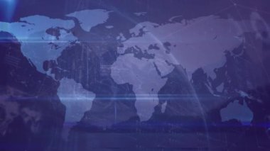 Finansal veri işleme animasyonu ve mavi arka planda dünya haritası. küresel iş, finans, bağlantılar ve dijital arayüz konsepti dijital olarak oluşturulmuş video.