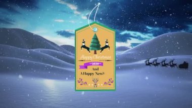 Kış manzarası boyunca kızakta Noel Baba 'nın Noel Baba' yı selamlamasıyla birlikte hediye etiketinin animasyonu. Noel, gelenek ve kutlama konsepti dijital olarak oluşturuldu.