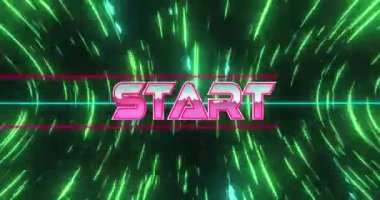 Hareket eden yeşil ışık izlerinin üzerindeki metnin canlandırması. Video oyunu, eğlence ve dijital arayüz kavramı dijital olarak oluşturuldu.