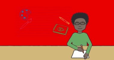 Okullu çocuğun kırmızı arka plandaki okul eşyaları simgelerine not aldığı animasyon. okul, eğitim ve öğrenim konsepti dijital olarak oluşturulmuş video.