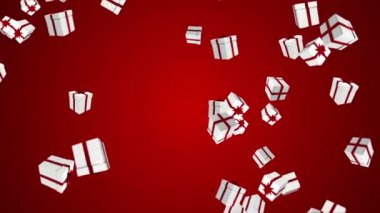 Kırmızı arka planda Noel süslemelerine karşı düşen birden fazla Noel hediyesi simgesi. Noel şenliği ve kutlama konsepti