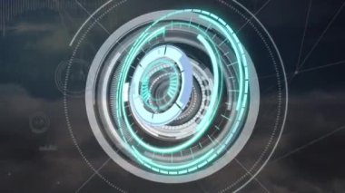 Neon yuvarlak tarayıcı ve mavi gökyüzündeki bulutlara karşı bağlantı ağı. bulut depolama ve veri teknolojisi kavramı