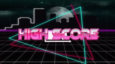 Dijital ortamda şehirle birlikte yüksek skorun animasyonu. bilgisayar, oyunlar ve teknoloji konsepti dijital olarak oluşturuldu.