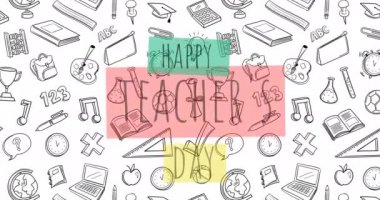 Okul öğeleri simgeleri üzerine mutlu öğretmenler günü metinleri. okul, eğitim ve öğrenim konsepti dijital olarak oluşturulmuş video.