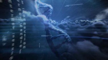 Veri işleme ve DNA 'nın animasyonu kara arkaplan üzerindeki bulutların üzerinde. küresel veri işleme, hesaplama ve dijital arayüz kavramı dijital olarak oluşturulmuş video.