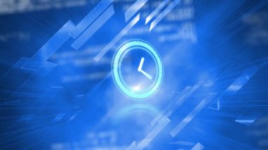 Siyah arkaplanda mavi şekiller üzerinde hareket eden saat ve veri işleme animasyonu. küresel bağlantılar, teknoloji, veri işleme ve dijital arayüz konsepti dijital olarak oluşturulmuş video.