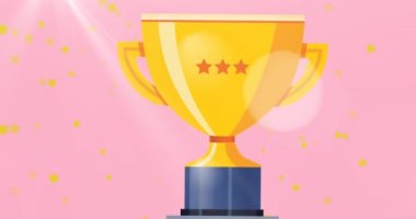 Pembe arka planda altın kupa animasyonu. Zafer, spor, şenlik ve dijital olarak üretilen video konsepti.