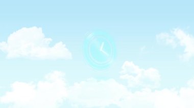 Saatin animasyonu bulutların ve gökyüzünün üzerinde hızla ilerliyor. zaman ve teknoloji konsepti dijital olarak oluşturulmuş video.