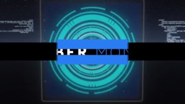 Çoklu yuvarlak tarayıcılar ve veri işleme karşı siber pazartesi metin afişi dijital animasyonu. satış indirimi ve perakende iş konsepti