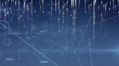 Koyu mavi arka plandaki dijital verilerin üzerine düşen ışıkların animasyonu. küresel ağlar, bağlantılar ve dijital arayüz konsepti dijital olarak oluşturulmuş video.