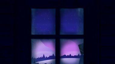 Kızaklı Noel Baba 'ya karşı pencere çerçevesi kışın ren geyikleri tarafından çekiliyor. Noel şenliği ve kutlama vektör illüstrasyonu kavramı