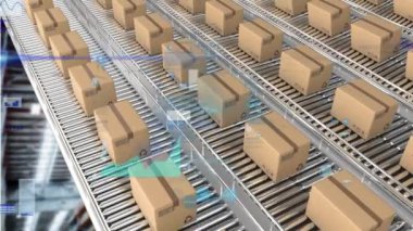 Arkadaki taşıma bantlarındaki karton kutuların üzerinden geçen istatistiklerin canlandırması. küresel gönderim ve bağlantılar konsepti dijital olarak oluşturulmuş video.