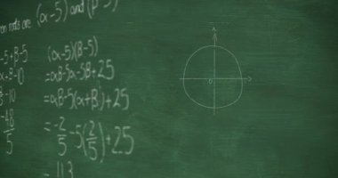 Yeşil arkaplan üzerinde matematiksel denklemlerin animasyonu. küresel eğitim, bağlantılar, veri işleme ve teknoloji konsepti dijital olarak oluşturulmuş video.