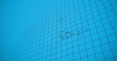 Mavi arkaplan üzerinde matematiksel denklemlerin animasyonu. küresel eğitim, bağlantılar, veri işleme ve teknoloji konsepti dijital olarak oluşturulmuş video.