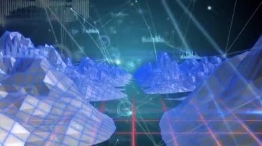 Veri işlemenin animasyonu, bağlantı ağları ve siyah arkaplan üzerinde 3D model. küresel bağlantılar, veri işleme ve dijital arayüz konsepti dijital olarak oluşturulmuş video.