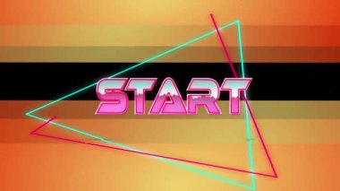 Başlangıç metninin ışık yolları üzerinden başlaması ve siyah arkaplanda turuncu çerçeve. Video oyunu, eğlence ve dijital arayüz kavramı dijital olarak oluşturuldu.