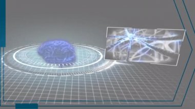 Saha taraması ve dijital beyin üzerinden dijital ekranların animasyonu. küresel bilim, veri işleme, bağlantılar ve dijital arayüz konsepti dijital olarak oluşturulmuş video.