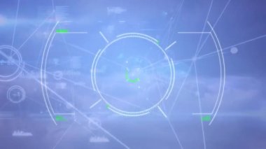 Koyu mavi arkaplandaki hareket eden hedef ve veri işleme hatasının animasyonu. küresel ağlar, bağlantılar ve dijital arayüz konsepti dijital olarak oluşturulmuş video.