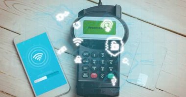 Akıllı telefon ve ödeme terminali üzerinden wi fi simgelerinin animasyonu. küresel veri güvenliği ve temassız ödemeler güvenlik konsepti dijital olarak oluşturulmuş video.