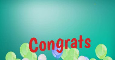 Yeşil ve mavi balonların animasyonu ve yeşil arka plan için tebrikler. Zafer, şenlik ve kutlama konsepti dijital olarak oluşturulmuş video.