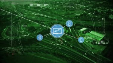 Şehir manzarası üzerindeki simgelerle bağlantı ağının animasyonu. küresel bağlantılar, iş dünyası, finans, veri işleme ve dijital arayüz kavramı dijital olarak oluşturulmuş video.