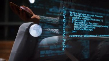 Kafkasyalı iş kadınının akıllı telefon kullanarak veri işleme animasyonu. küresel iş, finans, bağlantılar ve dijital arayüz konsepti dijital olarak oluşturulmuş video.