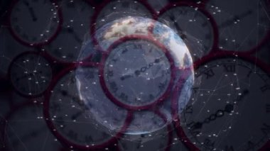 Bağlantı ağlarının ve dünyanın çok hızlı hareket eden saatlerin animasyonu. zaman, hareket, veri işleme ve dijital arayüz konsepti dijital olarak oluşturulmuş video.
