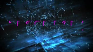 Mavi ekranda pembe harflerle yazılmış teşekkür mesajının animasyonu. Video oyunu, dijital arayüz ve dijital olarak oluşturulmuş iletişim konsepti.