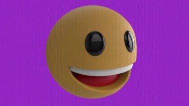 Mor ve beyaz arka planda, ekrandaki gürültüde gülen emojinin animasyonu. Sosyal medya ve iletişim konsepti dijital olarak oluşturulmuş video.