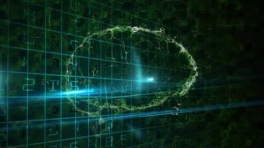 Siyah arka planda bilgisayar devresi ve dijital insan beyni olan asma kilit animasyonu. küresel bağlantılar, teknoloji, veri işleme ve dijital arayüz konsepti dijital olarak oluşturulmuş video.