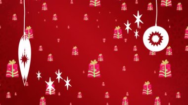Yılbaşı baloları ve düşen hediyelerle ilgili mutlu noel mesajlarının animasyonu. Noel, kış, gelenek ve kutlama konsepti dijital olarak oluşturulmuş video.