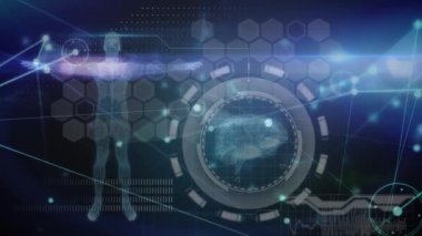 Mavi arka planda tıbbi veri işleme ile dijital arayüz üzerinden bağlantı ağı. tıbbi araştırma ve bilim teknolojisi kavramı