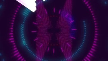 Vay be metninin animasyonu koyu arkaplanda hareket eden renkli dairelerin üzerinde. Video oyunu, eğlence ve dijital arayüz kavramı dijital olarak oluşturuldu.