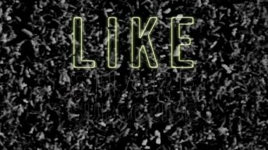 Parlak arkaplan üzerine neon ışığı animasyonu, paylaş, abone ol. küresel sosyal medya ve iletişim konsepti dijital olarak oluşturulmuş video.