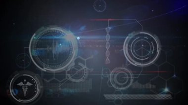 Bağlantı ağlarının animasyonu ve siyah arkaplan üzerinden tıbbi veri işleme. küresel tıp, bağlantılar, veri işleme ve dijital arayüz kavramı dijital olarak oluşturulmuş video.