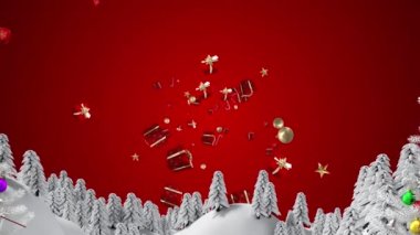 Kış mevsiminde iki Noel ağacı kırmızı arka planda yüzen Noel konsepti simgeleri üzerinde. Noel şenliği ve kutlama konsepti