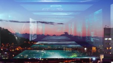 Şehir manzarası üzerinde istatistik ve veri işleme ile ekranları hareket ettirme animasyonu. küresel iş, finans ve veri işleme kavramı dijital olarak oluşturulmuş video.