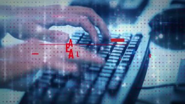 Ofiste çalışan kadın yerine kötü amaçlı yazılımın animasyonu. Siber suçlar, siber saldırı ve dijital olarak oluşturulan hack konsepti.