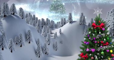 Kar yağışı ve kış manzarasıyla süslenmiş Noel ağacı animasyonu. Noel, gelenek ve kutlama konsepti dijital olarak oluşturuldu.