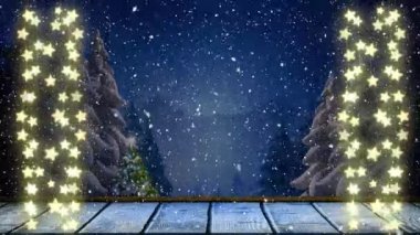 Kış manzarasına düşen kar ve noel ışıklarının animasyonu. Noel, gelenek ve kutlama konsepti dijital olarak oluşturuldu.