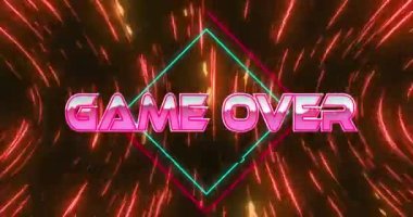 Oyunun animasyonu kırmızı ışık yollarının üzerindeki metin üzerinde. Video oyunu, eğlence ve dijital arayüz kavramı dijital olarak oluşturuldu.