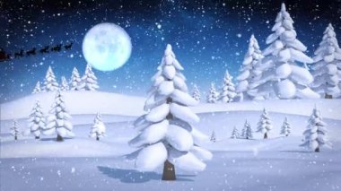 Kızakla Noel Baba 'nın üzerine düşen kar, kışın ağaçların üzerinden ren geyikleri tarafından çekiliyor. Noel şenliği ve kutlama konsepti