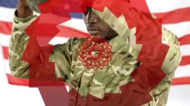 Amerikan bayrağı ve miğfer takan askerin üstünde kırmızı daireler çizen animasyon. Vatanseverlik ve kutlama konsepti dijital olarak oluşturulmuş video.